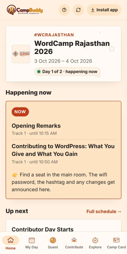 CampBuddy home screen on a phone, showing what is happening now at the WordCamp and what to do next