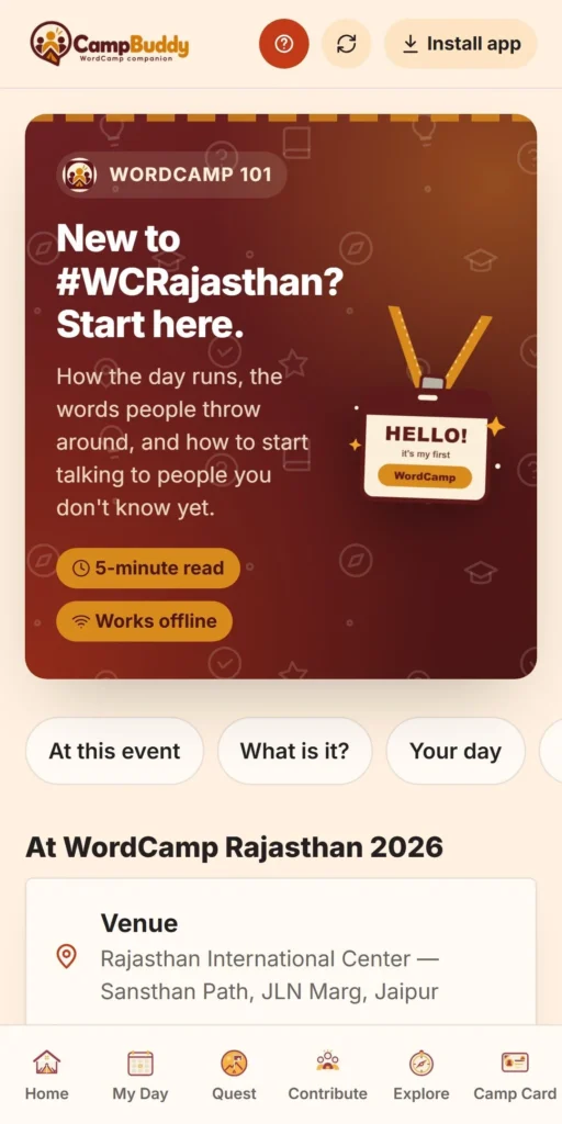 CampBuddy first-timer guide explaining what a WordCamp is and the words you will hear