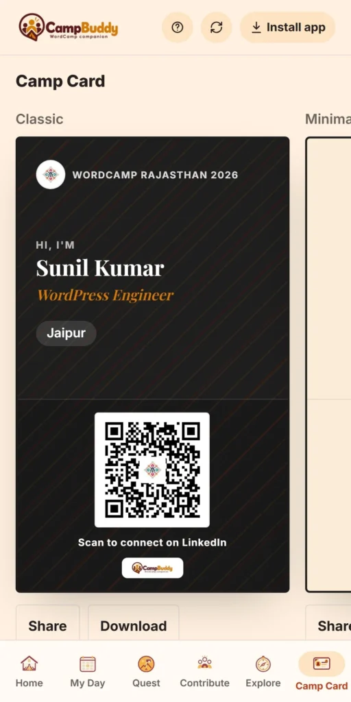 CampBuddy Camp Card, a digital ID with name, role and a QR code